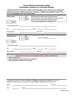 Central Piedmont Community College Direct Deposit Authorization