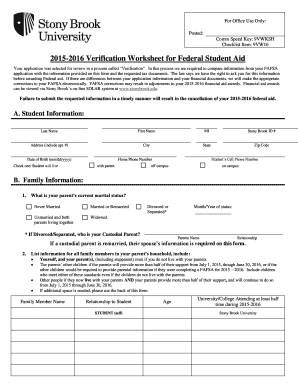 2015-2016 Verification Worksheet for Federal Student Aid