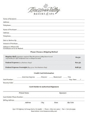 Brasstown Valley Resort Gift Certificate Order Form