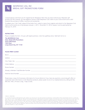 Nespresso Bridal Gift Promotion Form
