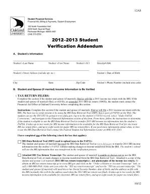 2012–2013 Student Verification Addendum