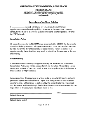 California State University Physical Therapy Cancellation Policy Agreement
