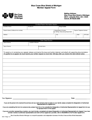 Blue Cross Blue Shield of Michigan Member Appeal Form