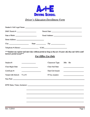 Driver’s Education Enrollment Form