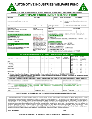 Automotive Industries Welfare Fund Enrollment Change Form