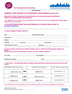 UK NHS Care Summary Opt-Out Form