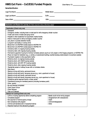 HMIS Exit Form for CoC/ESG Funded Projects