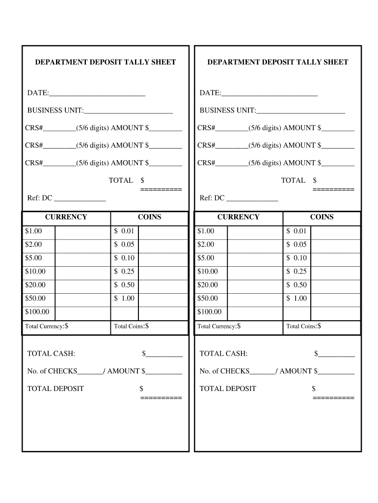 Fillable Online ucorp sfsu DEPARTMENT DEPOSIT TALLY SHEET ...