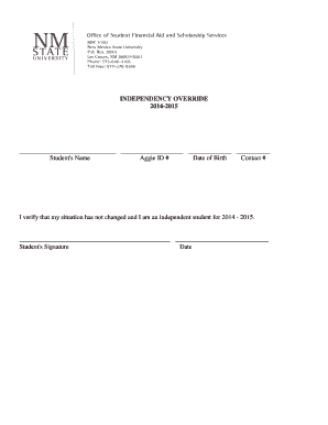 2014-2015 Student Independence Verification Form