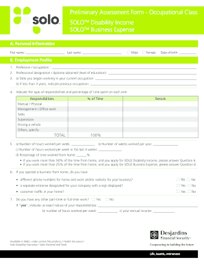 Preliminary Assessment Form - Occupational Class