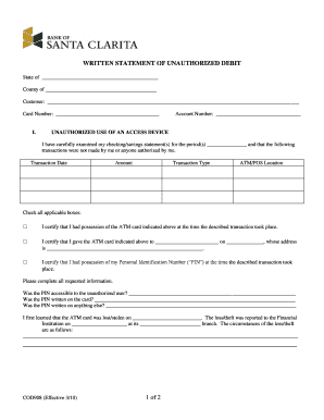Written Statement of Unauthorized Debit