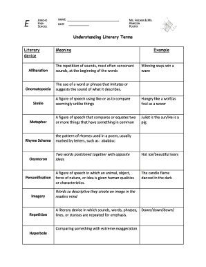 School Poetry Literary Terms Worksheet