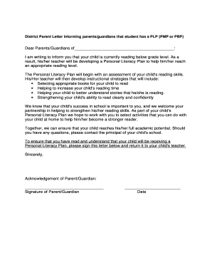District Parent Letter for Personal Literacy Plan