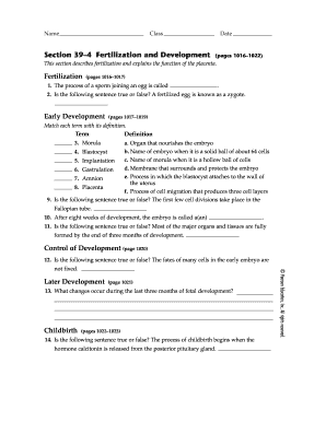 Fertilization and Development Worksheet