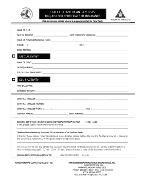 League of American Bicyclists Certificate of Insurance Request