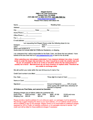 Elegant Gowns Wedding Dress Order Form