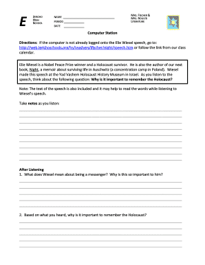 Elie Wiesel Speech Note-Taking Worksheet