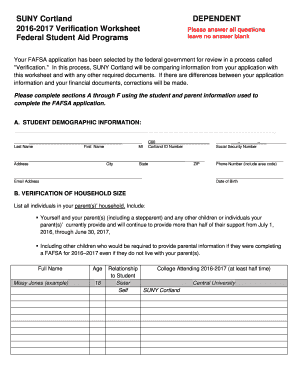SUNY Cortland Dependent Verification Worksheet