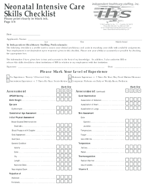 Neonatal Intensive Care Skills Checklist