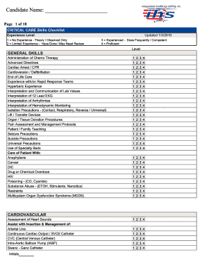 Critical Care Skills Checklist