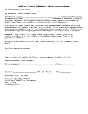 Healthcare Provider Release for Pediatric Massage Therapy