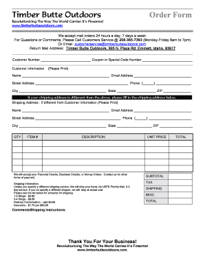 Timber Butte Outdoors Order Form