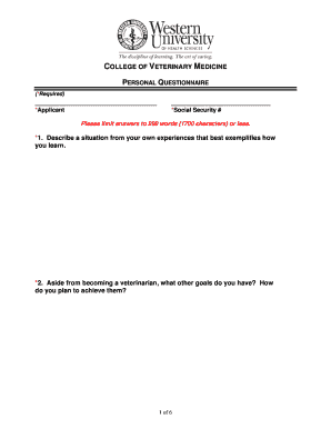 Veterinary Medicine Personal Questionnaire