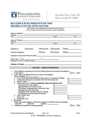 Builder's Risk Renovation and Rehabilitation Application