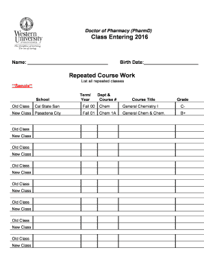 PharmD Repeated Course Work Form