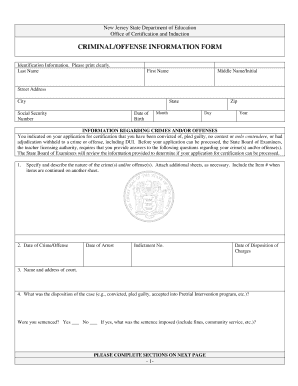 New Jersey Criminal/Offense Information Form