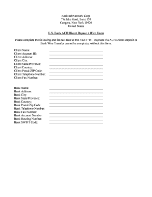 US Bank ACH Direct Deposit Wire Form
