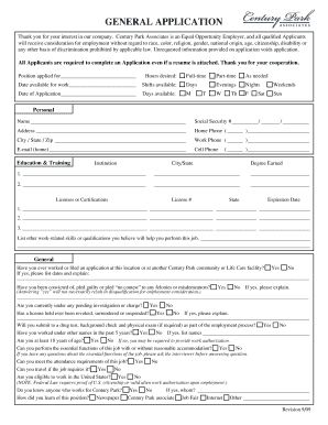 Century Park Associates Job Application Form