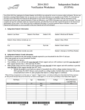 2014-2015 Independent Student Verification Worksheet