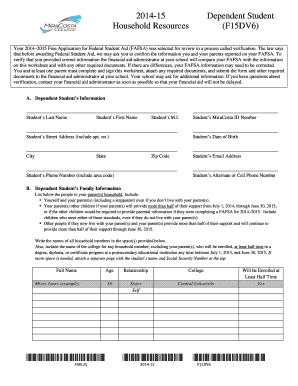 2014-2015 Dependent Student Verification Worksheet
