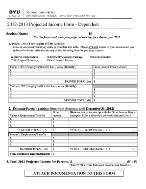 2012-2013 Projected Income Form - Dependent