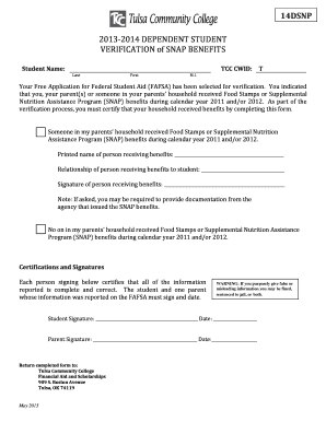 2013-2014 Dependent Student SNAP Benefits Verification Form