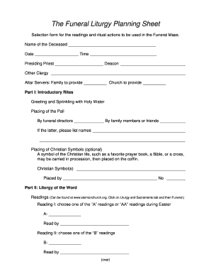 Funeral Mass Planning Sheet