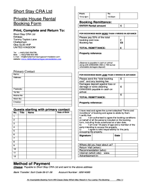 Short Stay CRA Ltd Private House Rental Booking Form