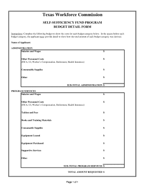 Texas Workforce Commission Self-Sufficiency Fund Budget Detail Form