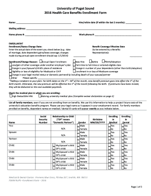 University of Puget Sound 2016 Health Care Benefits Enrollment Form