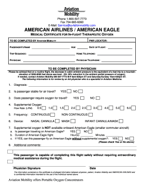 American Airlines Medical Certificate for In-Flight Therapeutic Oxygen