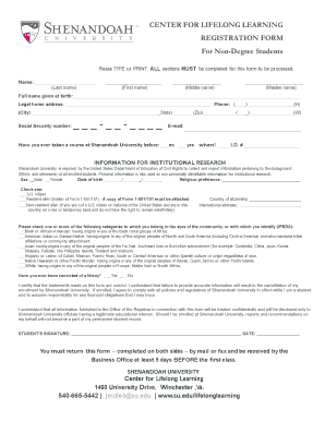 Shenandoah University Non-Degree Registration Form