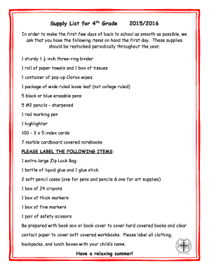 Pdf paper templates - Supply List for 4th Grade 20152016 - mysaintjamescom