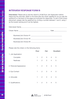 JA BizTown Job Application Interview Response Form