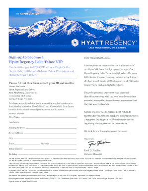 Hyatt Regency Lake Tahoe VIP Local Card Application