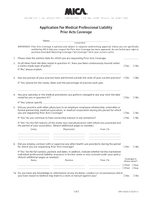 Application for Medical Professional Liability Prior Acts Coverage