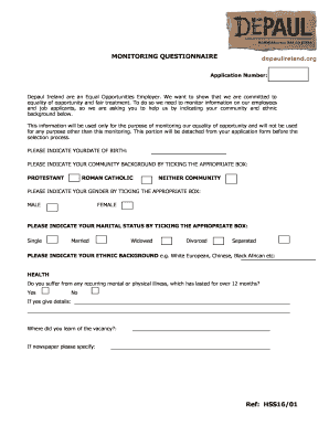 Depaul Ireland Monitoring Questionnaire