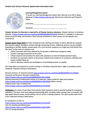 Red Cross Disaster Services Volunteer Information Sheet