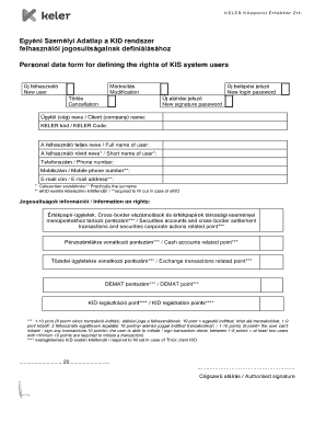 Personal Data Form for KIS System User Rights
