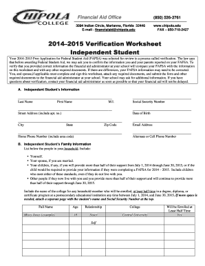 2014–2015 Verification Worksheet for Independent Student